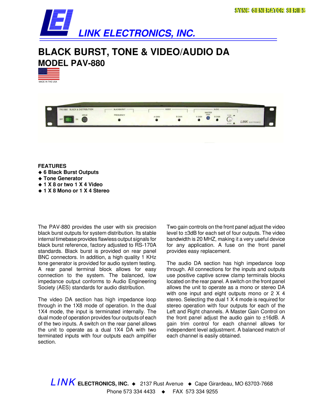 Link electronic PAV-880 manual Link ELECTRONICS, INC, Features 