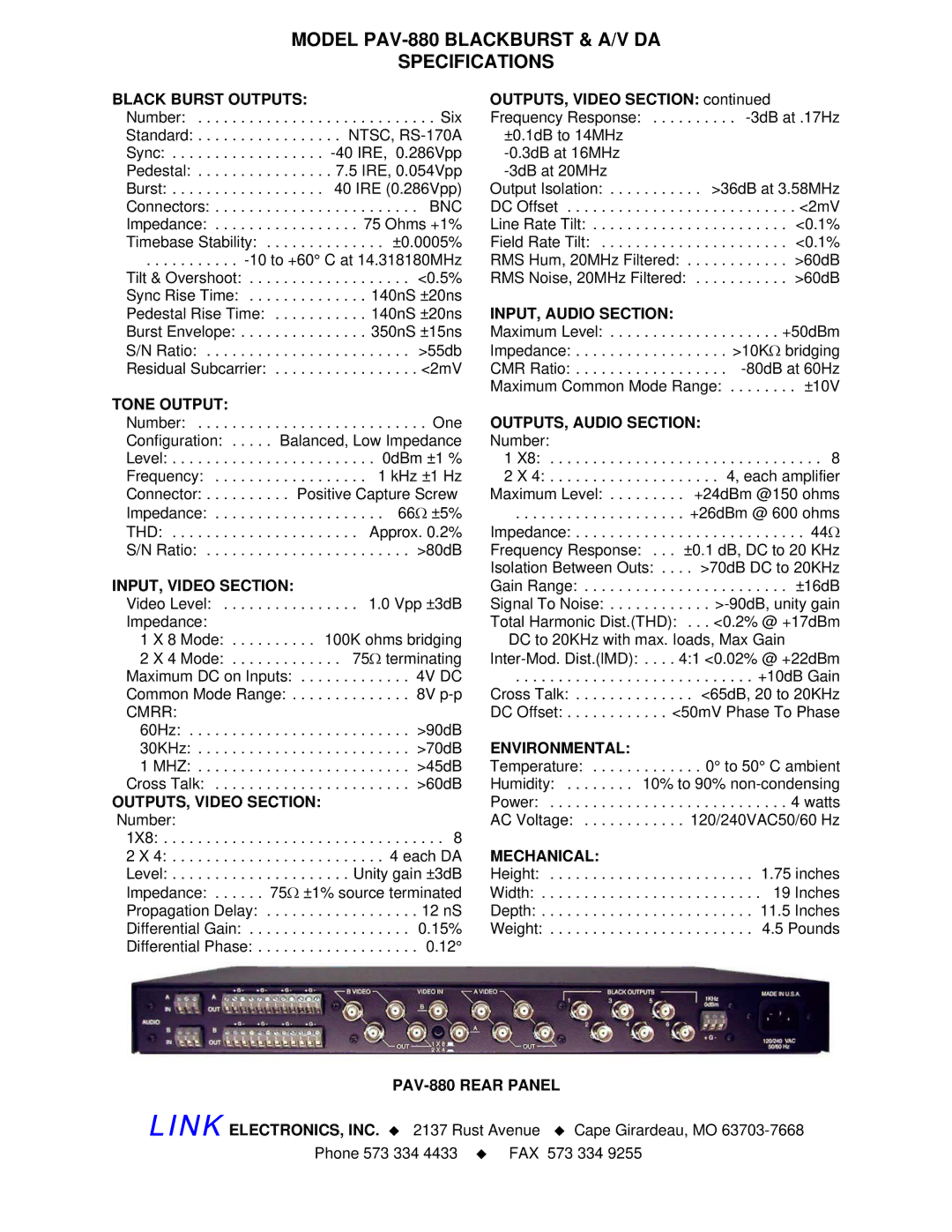 Link electronic PAV-880 Black Burst Outputs, Tone Output, INPUT, Video Section, OUTPUTS, Video Section, Environmental 