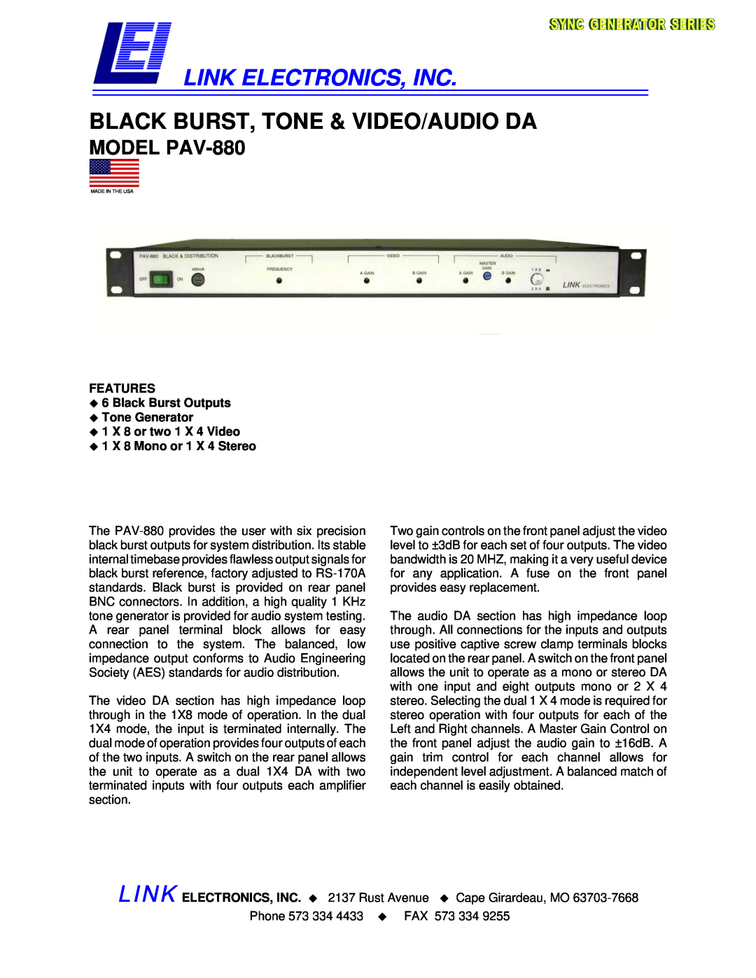 Link electronic manual Link Electronics, Inc, Black Burst, Tone & Video/Audio Da, MODEL PAV-880 