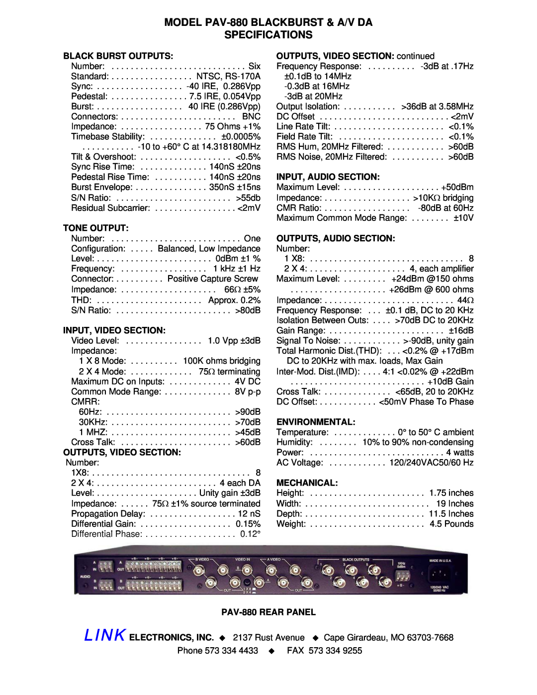 Link electronic manual MODEL PAV-880BLACKBURST & A/V DA SPECIFICATIONS 