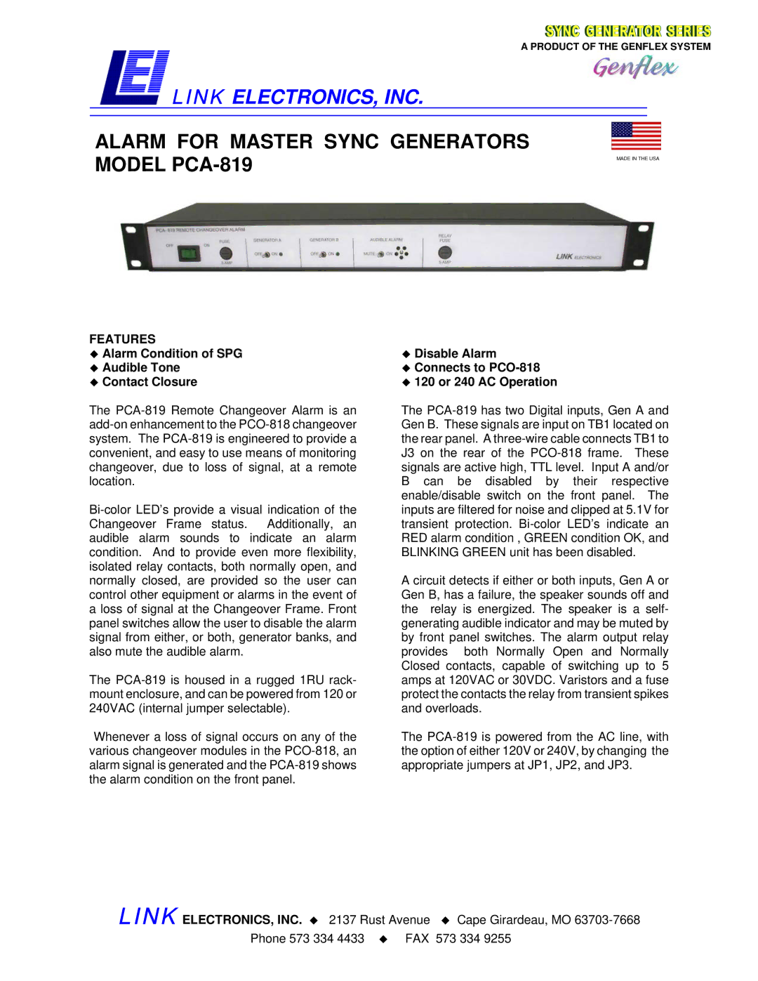 Link electronic manual Link ELECTRONICS, INC, Alarm for Master Sync Generators Model PCA-819, Features 