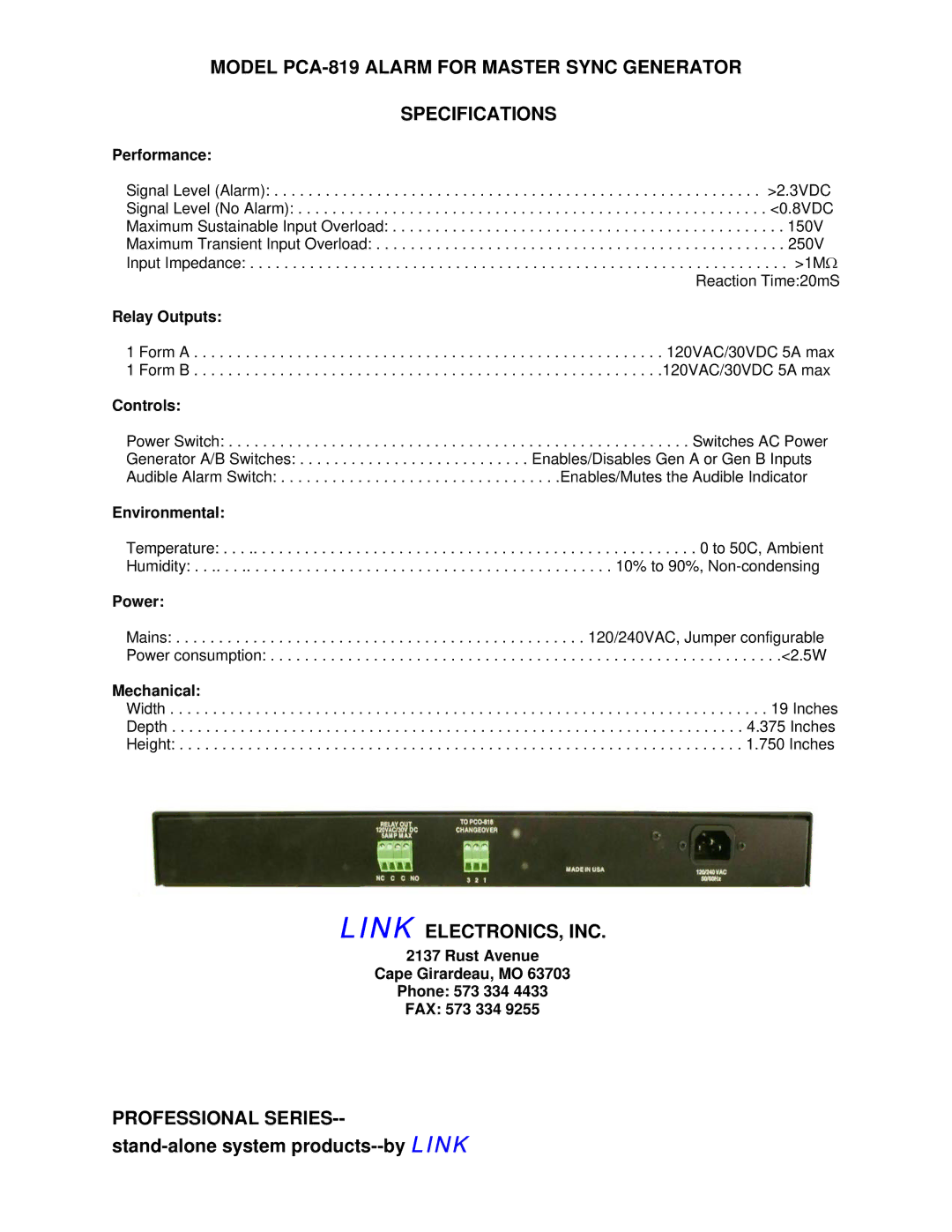 Link electronic PCA-819 manual Link ELECTRONICS, INC 