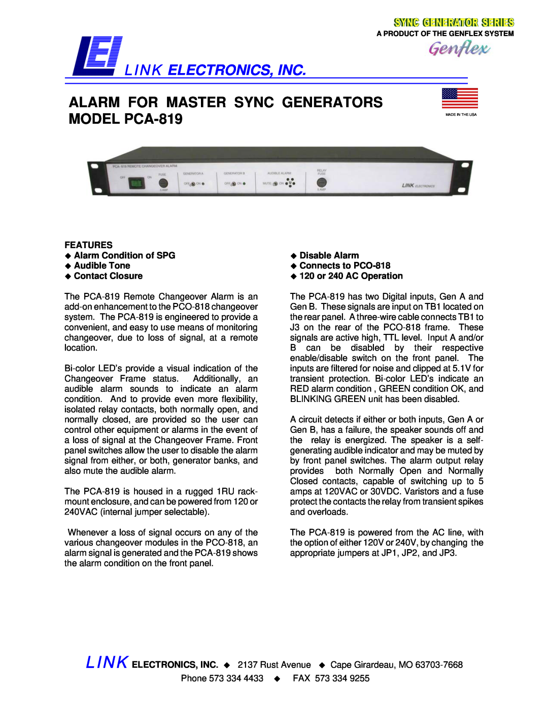 Link electronic PCA-819 manual FEATURES ‹ Alarm Condition of SPG ‹ Audible Tone ‹ Contact Closure, Link Electronics, Inc 