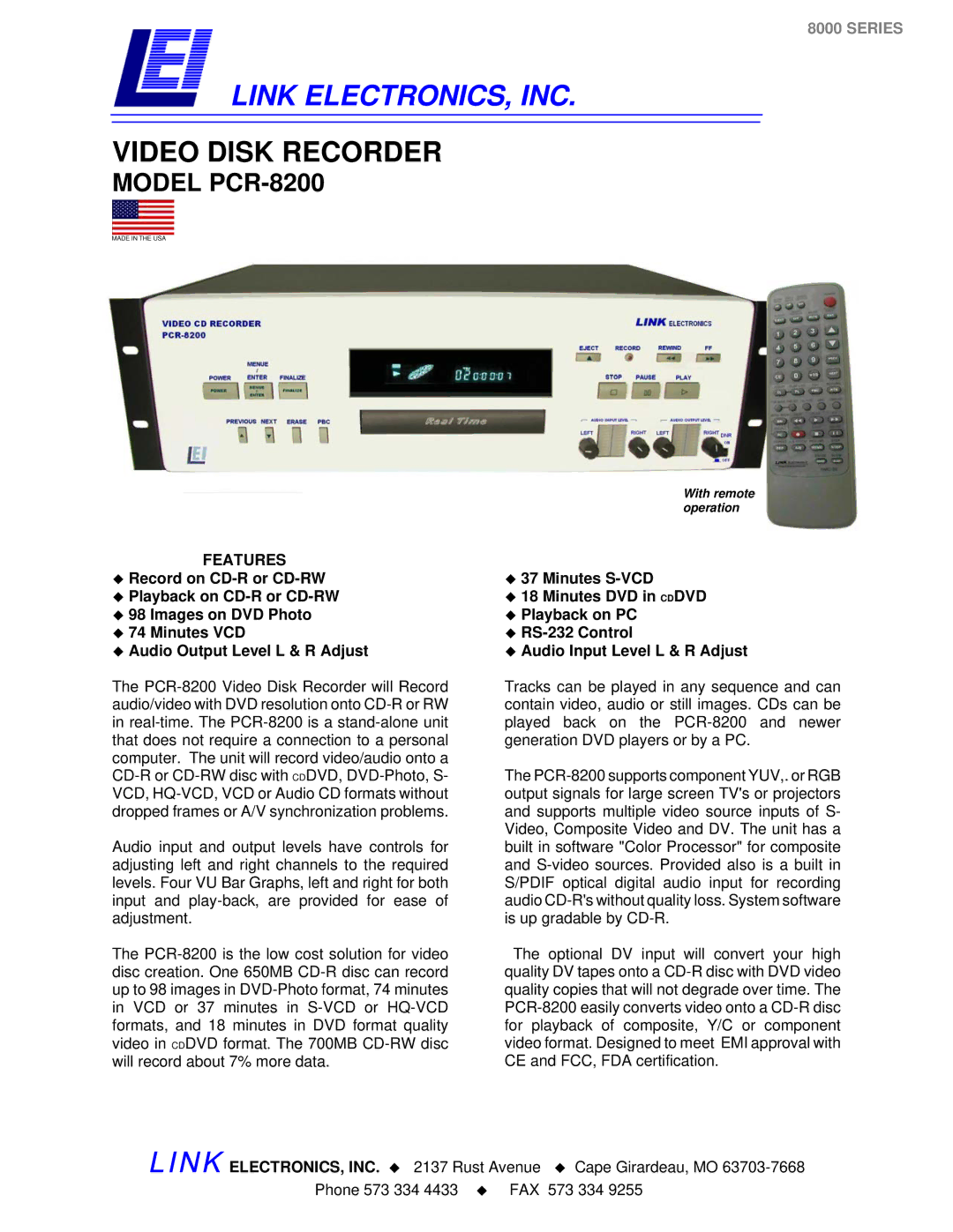 Link electronic PCR-8200 manual Link ELECTRONICS, INC, Features 