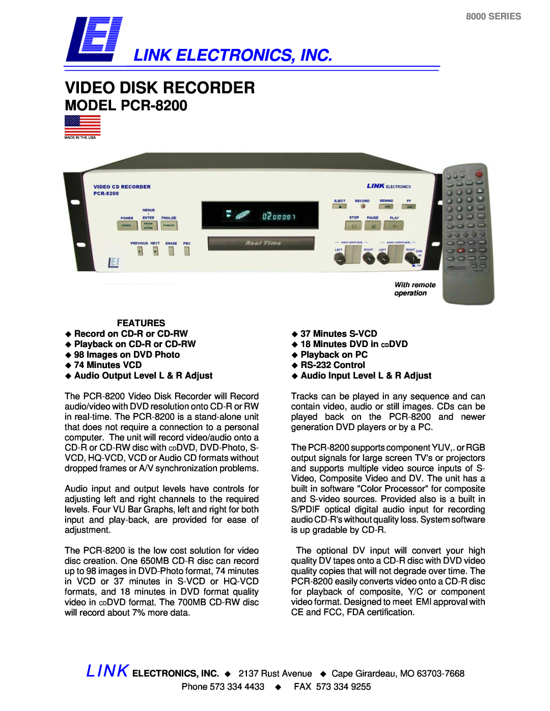 Link electronic PCR-8200 manual FEATURES ‹ Record on CD-R or CD-RW ‹ Playback on CD-R or CD-RW, Link Electronics, Inc 