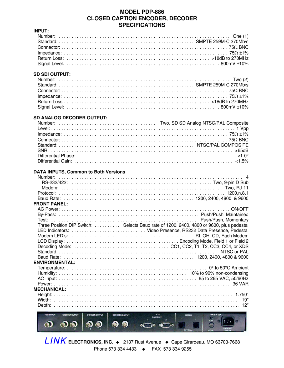 Link electronic PDP-886 manual Input, SD SDI Output, SD Analog Decoder Output, Front Panel, Environmental, Mechanical 