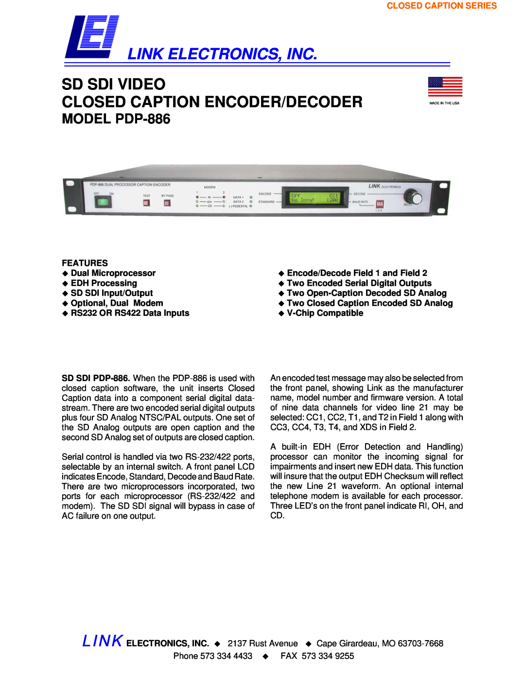 Link electronic manual Link Electronics, Inc, Sd Sdi Video Closed Caption Encoder/Decoder, MODEL PDP-886 