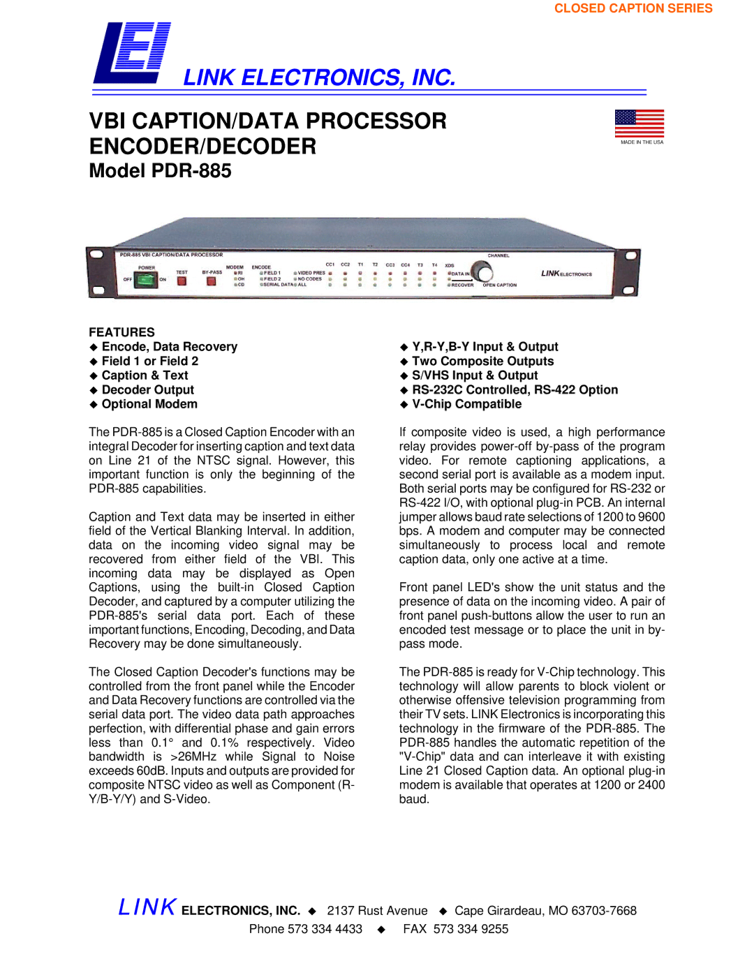 Link electronic PDR-885 manual Link ELECTRONICS, INC, Features 