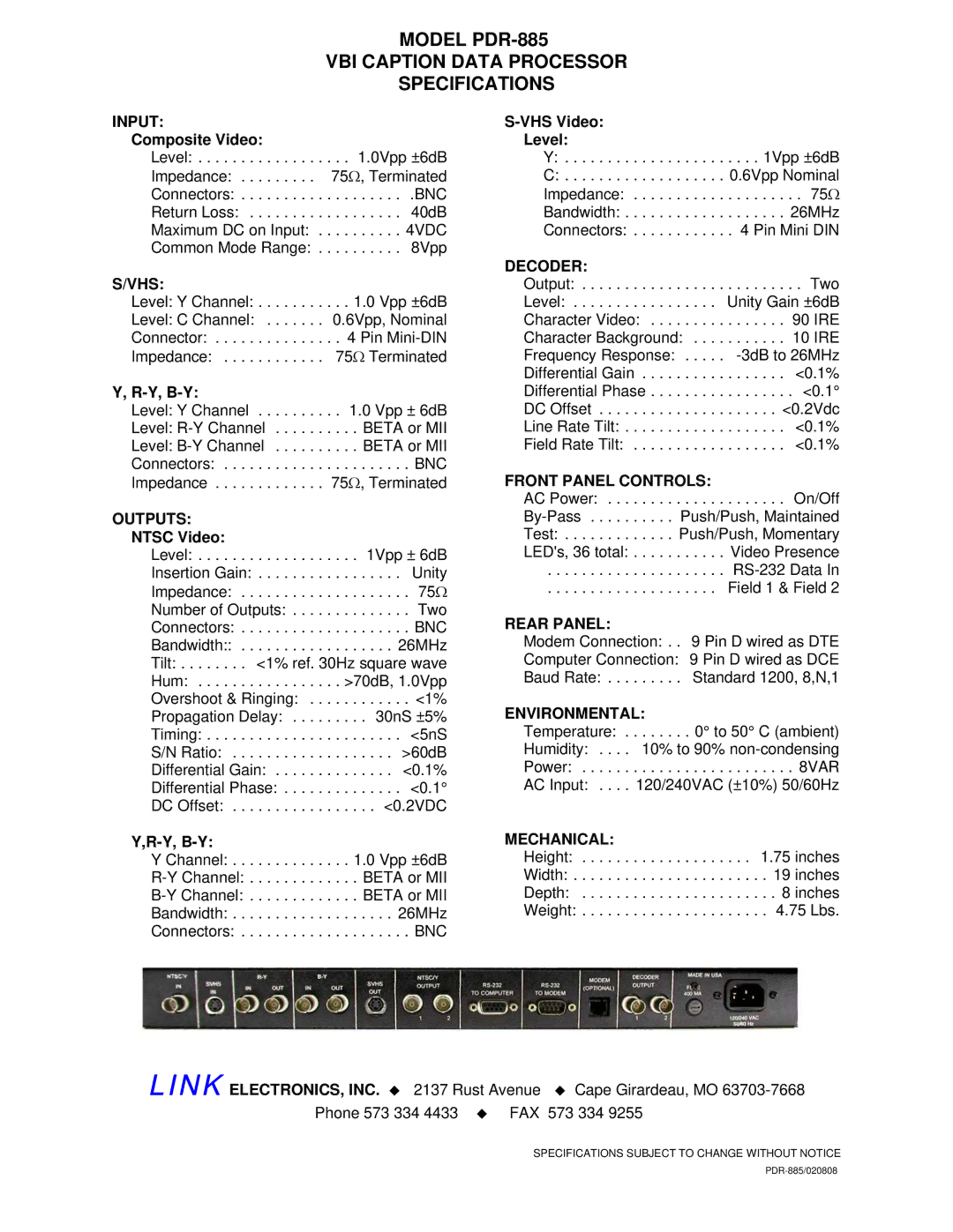 Link electronic PDR-885 manual Input, Vhs, Outputs, Decoder, Front Panel Controls, Rear Panel, Environmental, Mechanical 