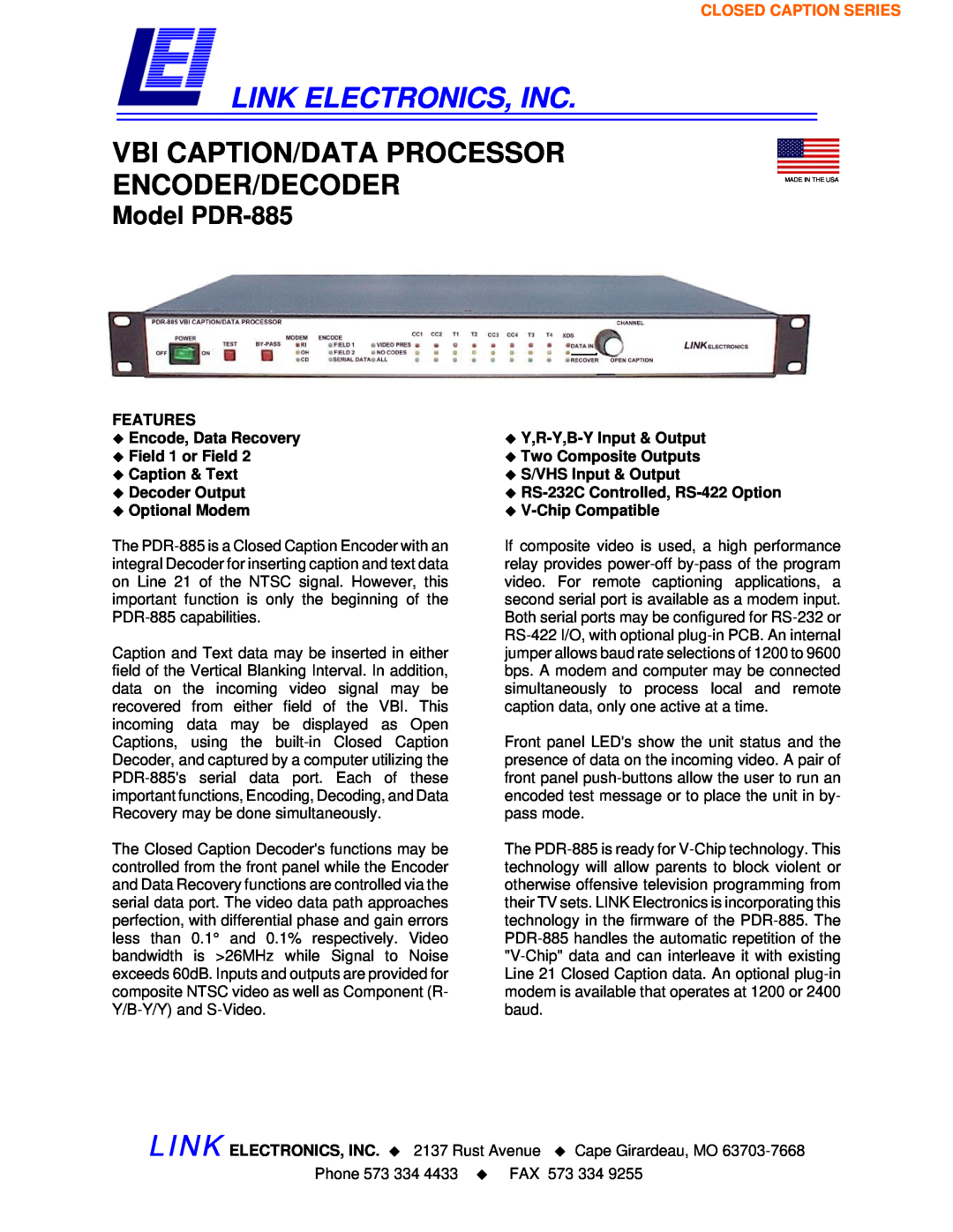 Link electronic manual Link Electronics, Inc, Vbi Caption/Data Processor Encoder/Decoder, Model PDR-885 