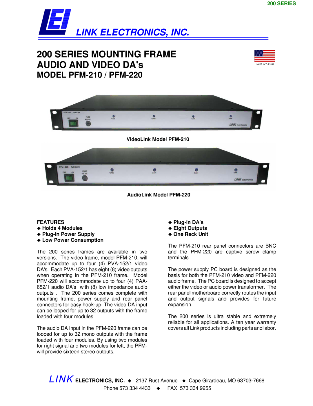 Link electronic PFM-220, PFM-210 warranty Link ELECTRONICS, INC, Features 