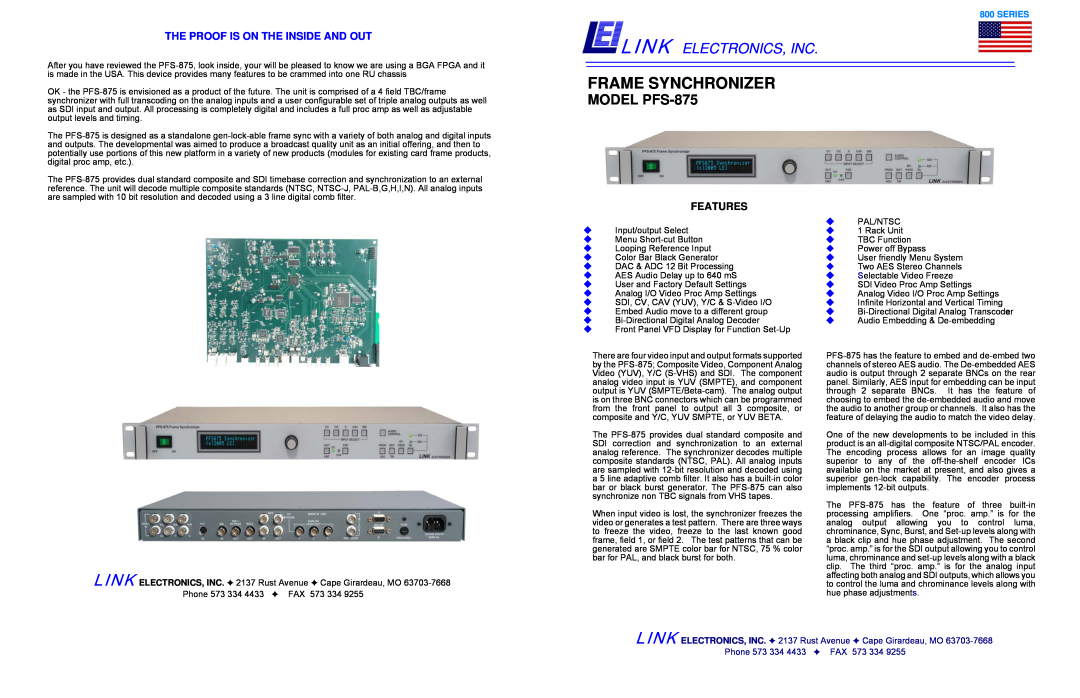 Link electronic manual Frame Synchronizer, Link Electronics, Inc, MODEL PFS-875, The Proof Is On The Inside And Out 