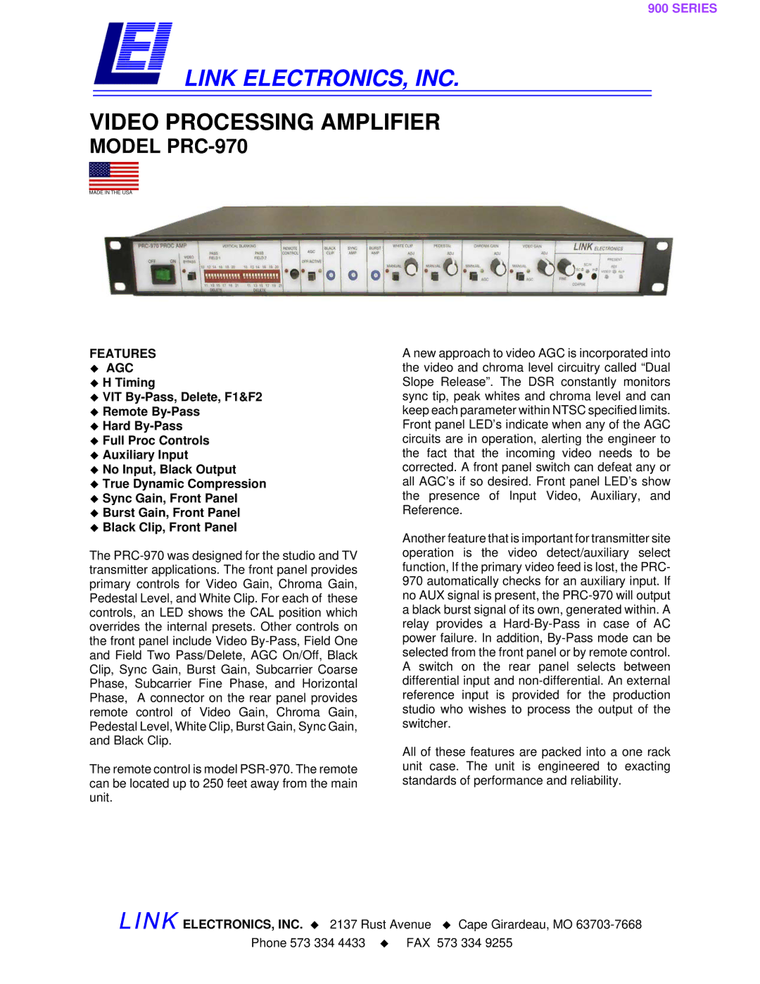 Link electronic PRC-970 manual Link ELECTRONICS, INC, Features ‹ AGC 