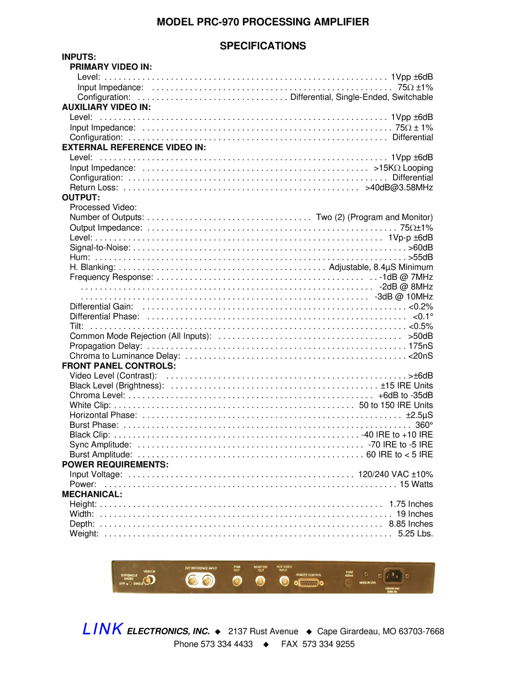 Link electronic PRC-970 Inputs Primary Video, Auxiliary Video, External Reference Video, Front Panel Controls, Mechanical 