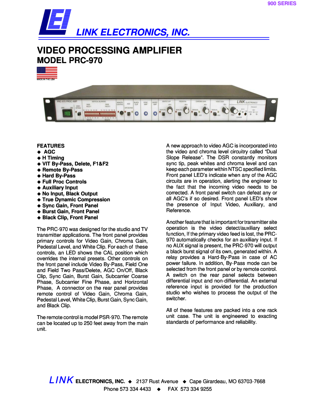 Link electronic PRC-970 manual FEATURES ‹AGC ‹H Timing, ‹VIT By-Pass,Delete, F1&F2 ‹Remote By-Pass, Link Electronics, Inc 