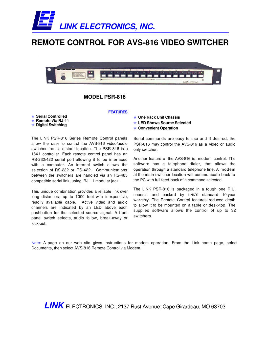 Link electronic warranty Link ELECTRONICS, INC, Remote Control for AVS-816 Video Switcher, Model PSR-816, Features 