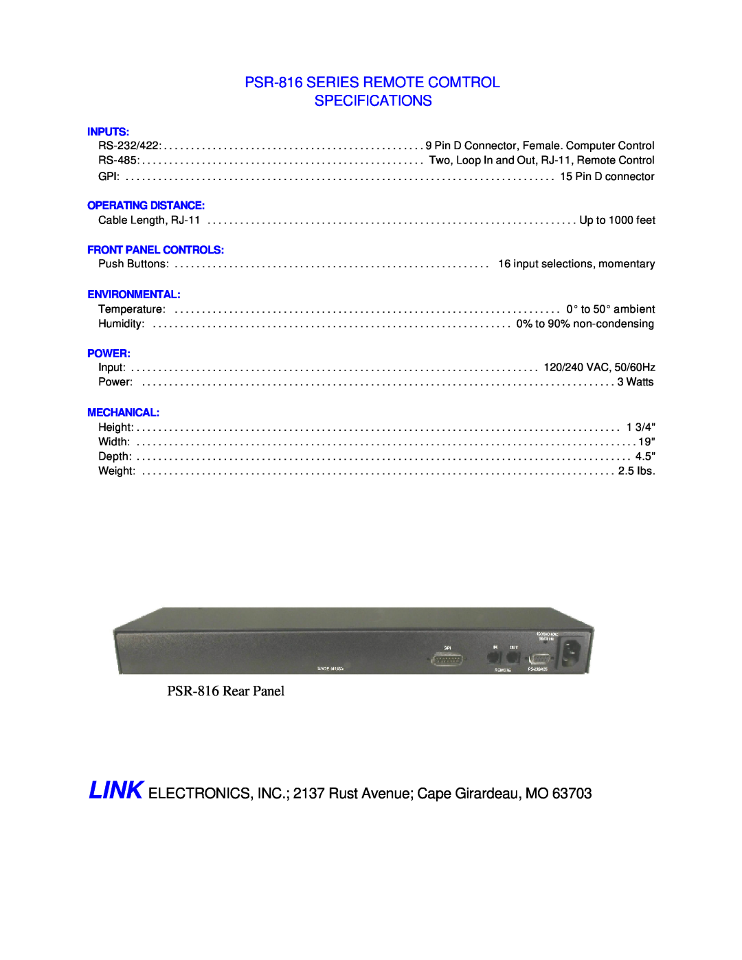Link electronic PSR-816 warranty Inputs, Operating Distance, Front Panel Controls, Environmental, Power, Mechanical 