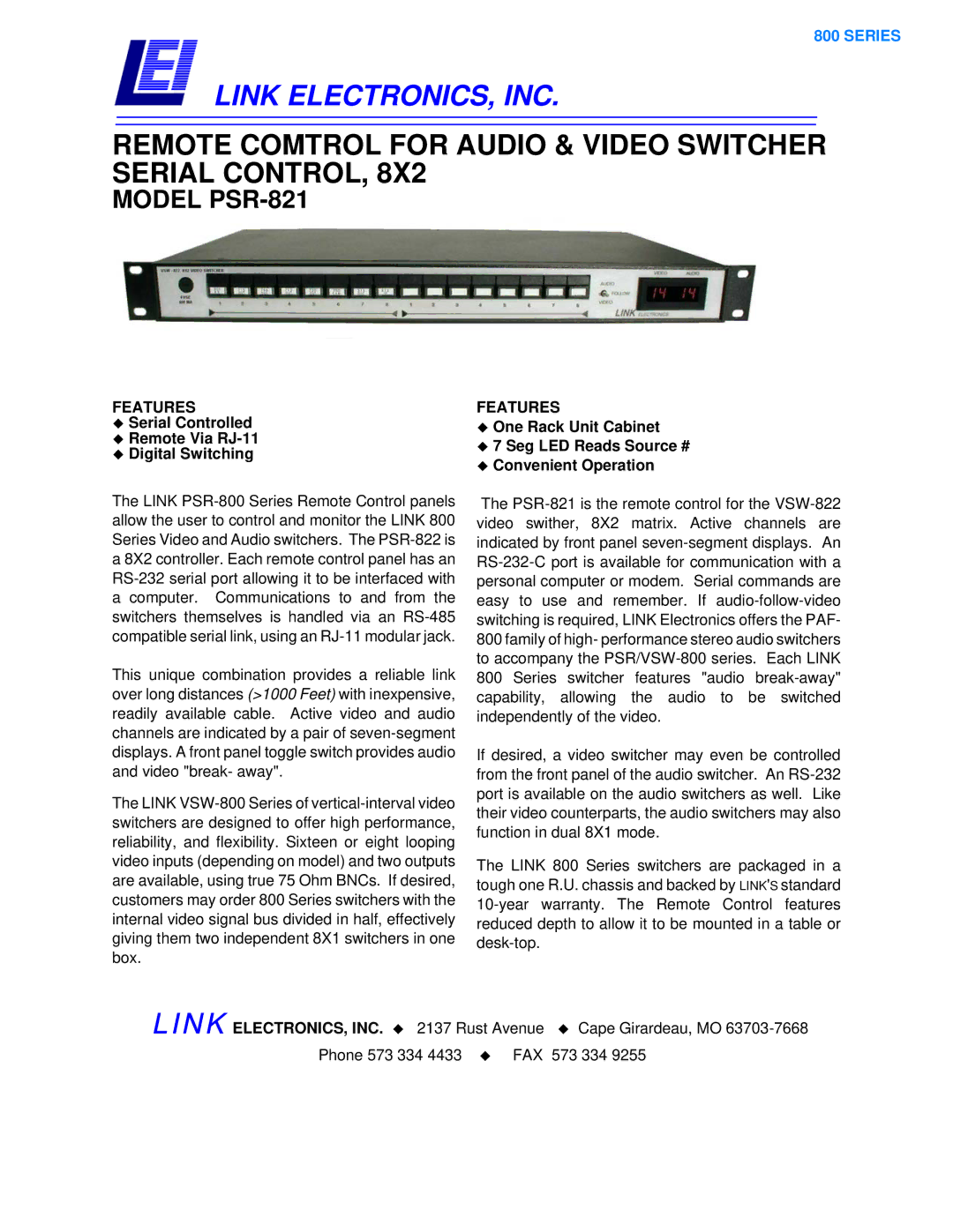 Link electronic PSR-821 warranty Link ELECTRONICS, INC, Remote Comtrol for Audio & Video Switcher Serial Control, Features 