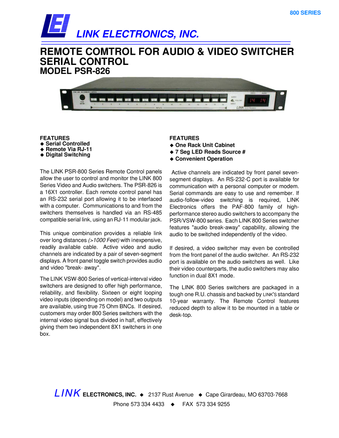 Link electronic PSR-826 warranty Link ELECTRONICS, INC, Remote Comtrol for Audio & Video Switcher Serial Control, Features 