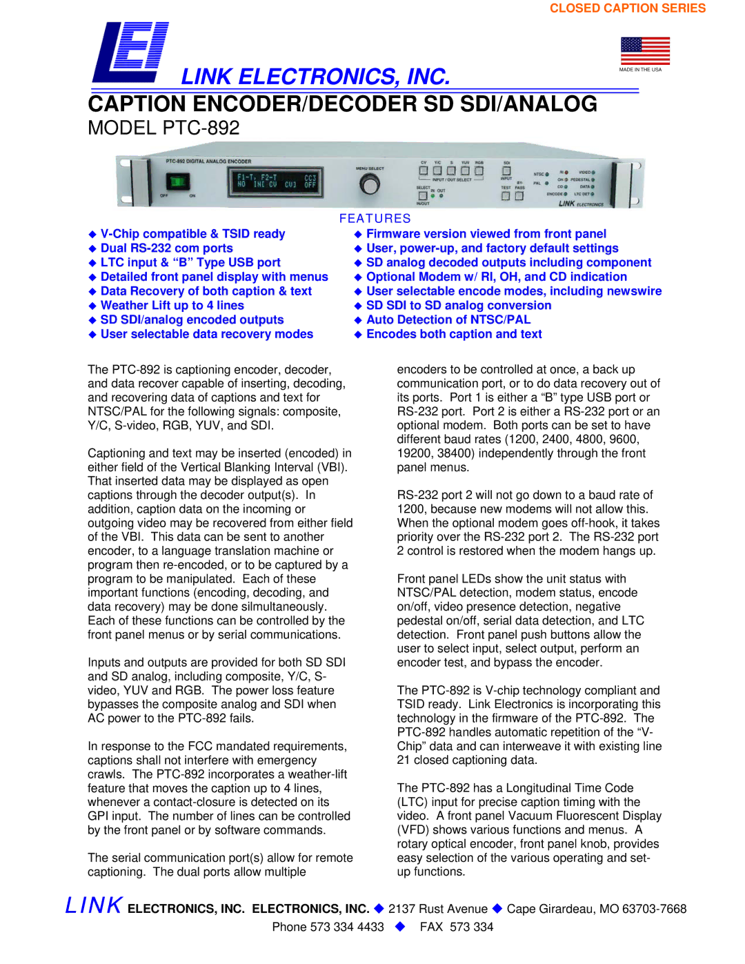 Link electronic PTC-892 manual Link ELECTRONICS, INC, Features 