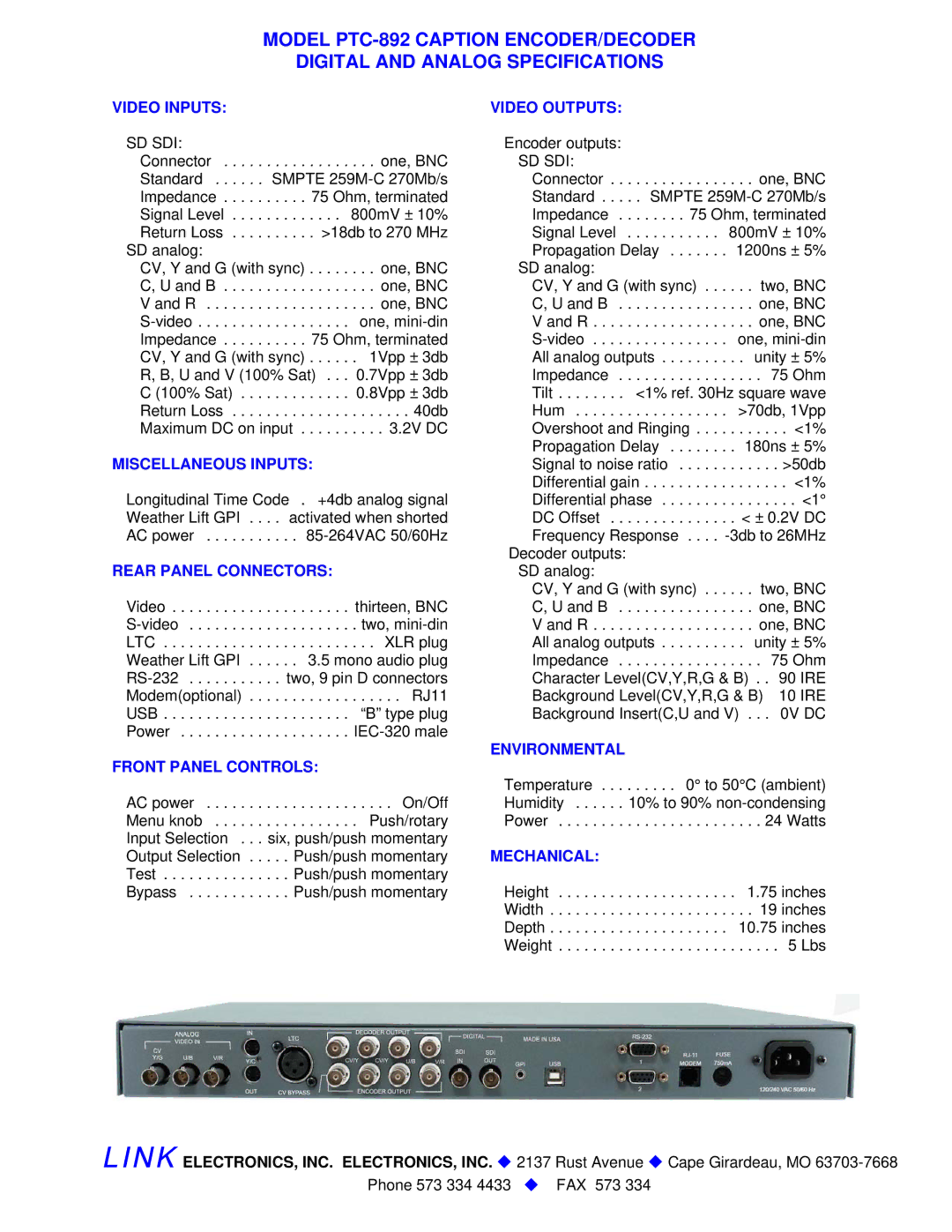 Link electronic PTC-892 Video Inputs, Miscellaneous Inputs, Rear Panel Connectors, Front Panel Controls, Video Outputs 