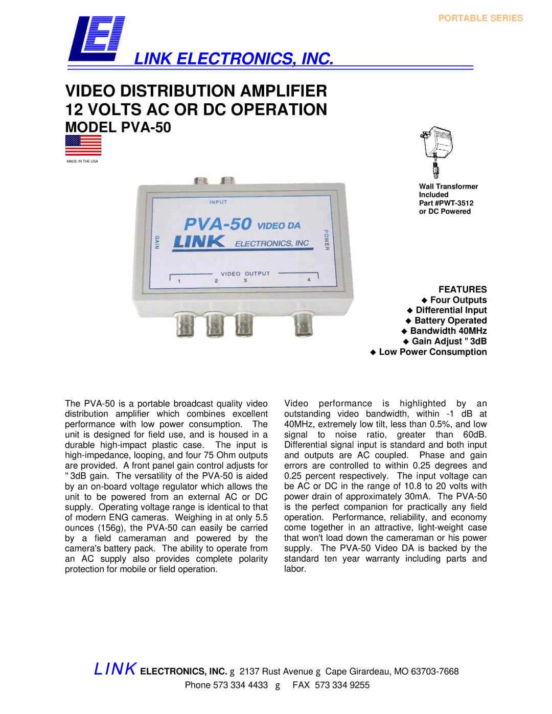 Link electronic PVA-50 warranty Link ELECTRONICS, INC, Video Distribution Amplifier 12 Volts AC or DC Operation 