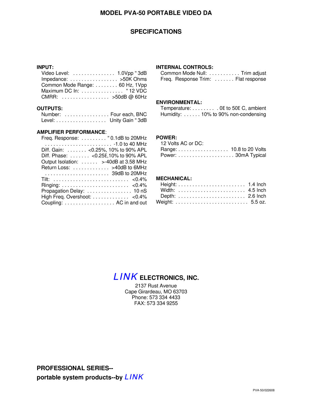 Link electronic warranty Model PVA-50 Portable Video DA Specifications, Link ELECTRONICS, INC, Professional Series 