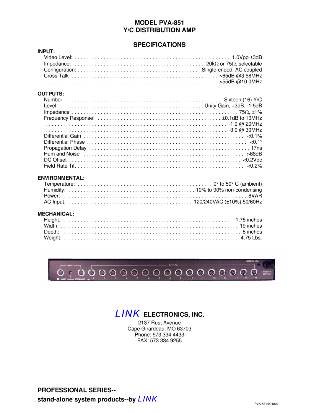 Link electronic warranty Model PVA-851 Distribution AMP Specifications, Link ELECTRONICS, INC 