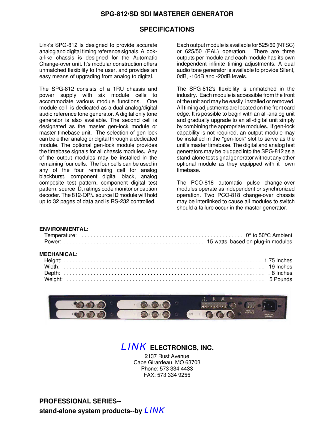 Link electronic manual SPG-812/SD SDI Masterer Generator Specifications, Link ELECTRONICS, INC 