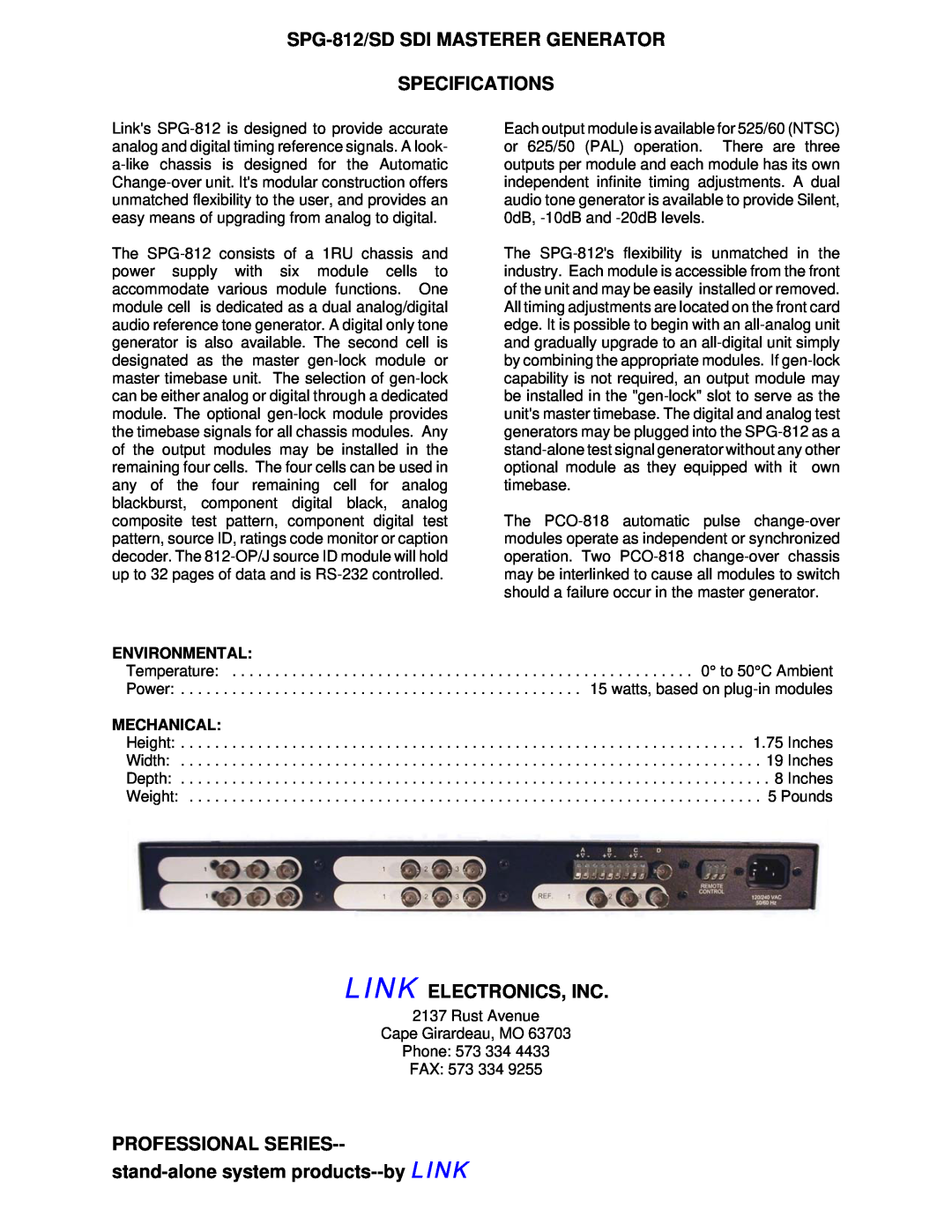 Link electronic SPG-812/SD SDI MASTERER GENERATOR SPECIFICATIONS, Link Electronics, Inc, Environmental, Mechanical 