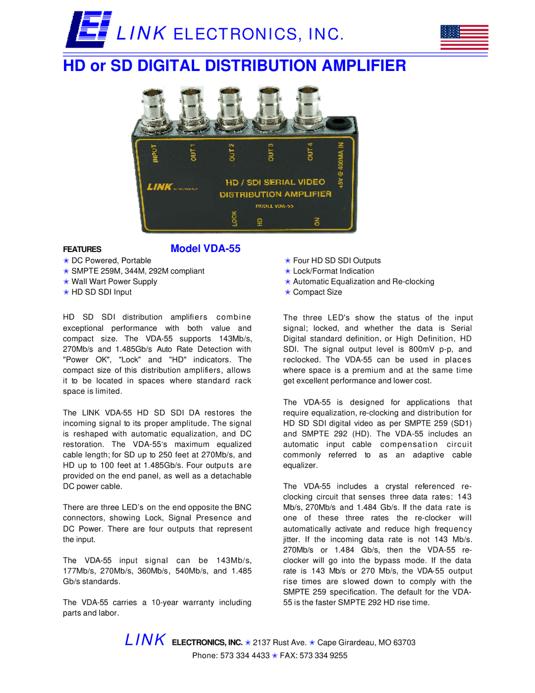 Link electronic warranty Link ELECTRONICS, INC, HD or SD Digital Distribution Amplifier, Model VDA-55, Features 