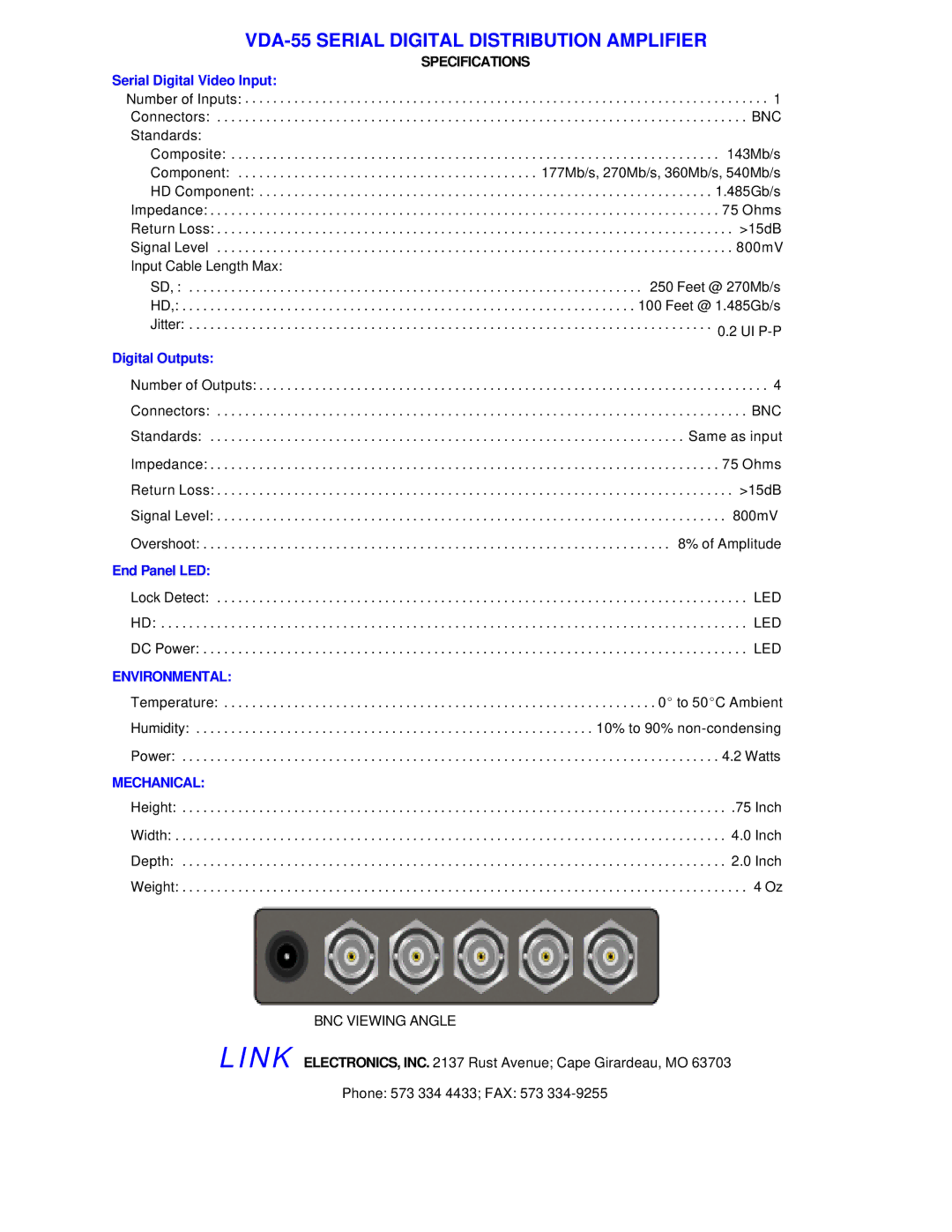 Link electronic warranty VDA-55 Serial Digital Distribution Amplifier, Specifications, Environmental, Mechanical 