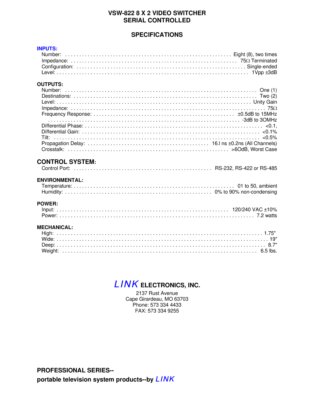 Link electronic VSW-822 manual Control System, Link ELECTRONICS, INC, Professional Series, Inputs 