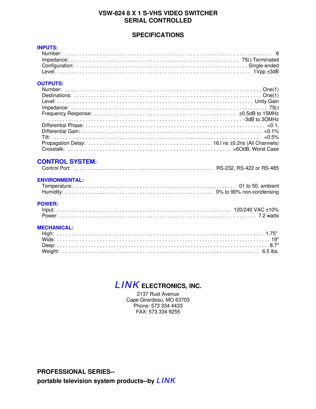 Link electronic VSW-824 manual Control System 