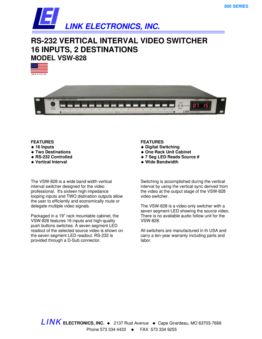 Link electronic warranty Link ELECTRONICS, INC, Model VSW-828, Features 