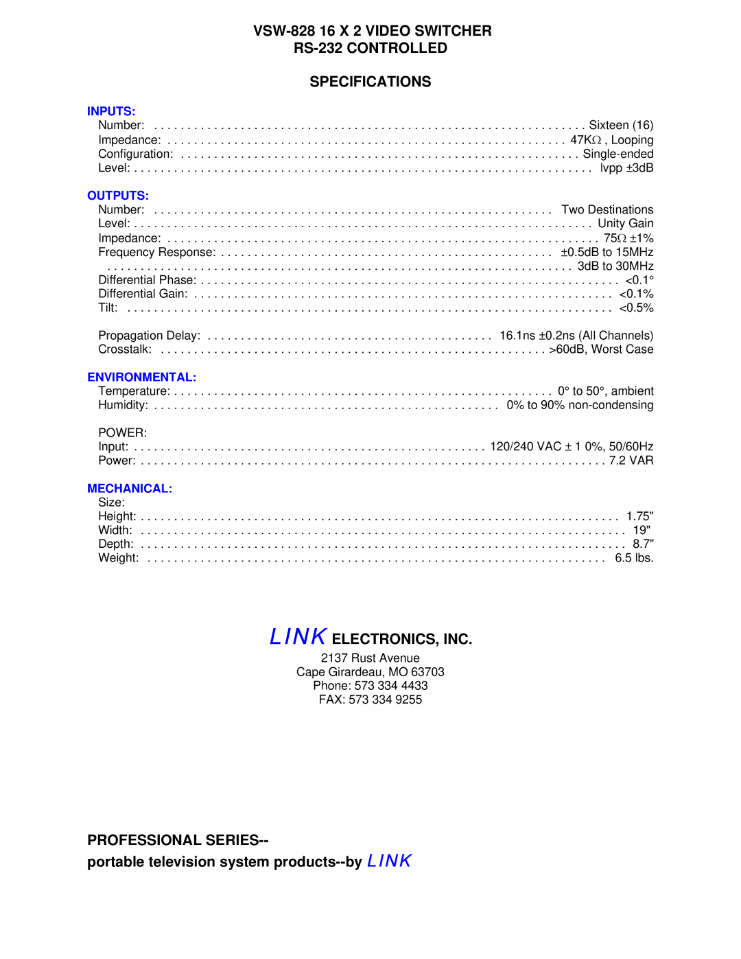 Link electronic VSW-828 warranty Inputs, Outputs, Environmental, Mechanical 