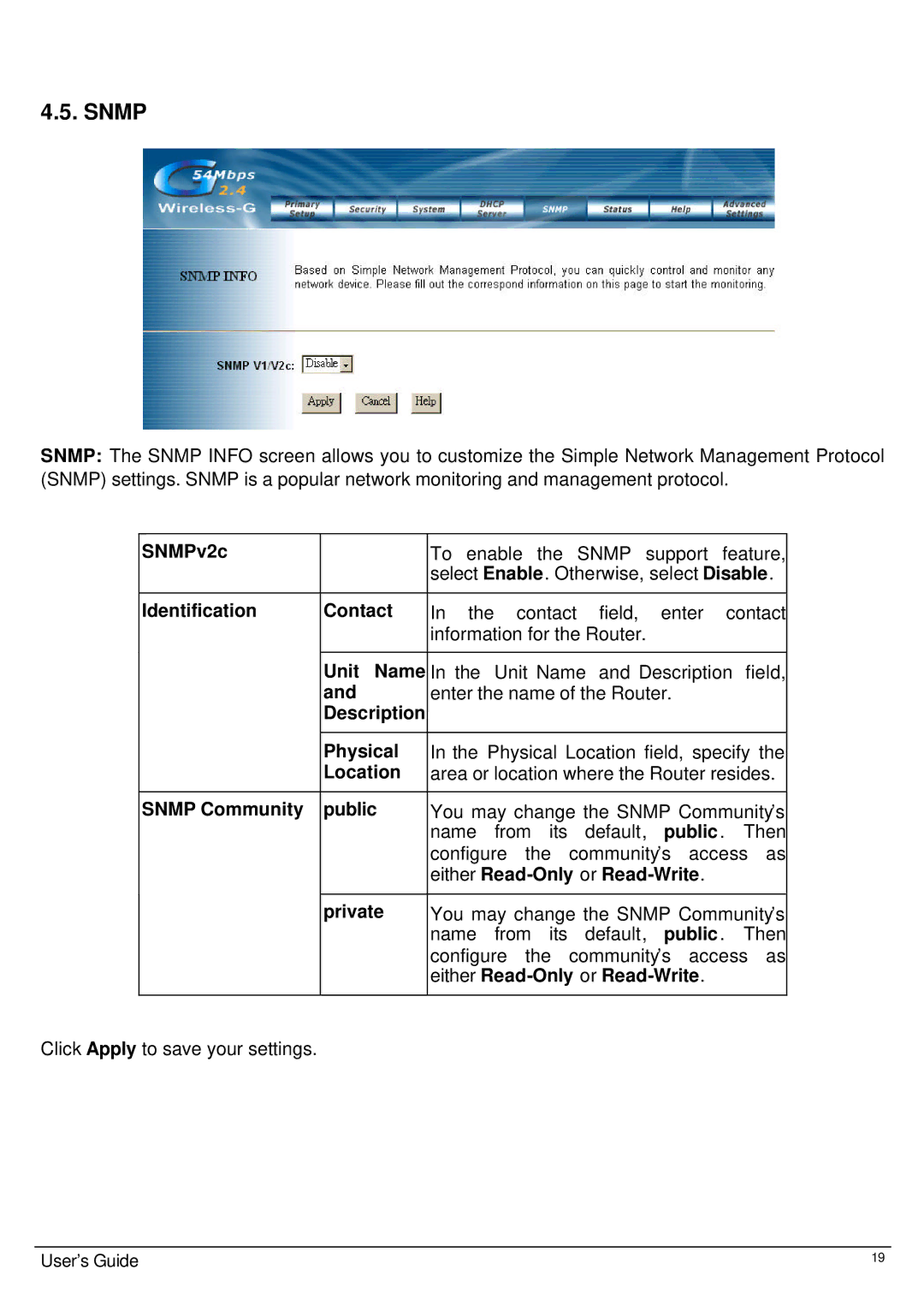 Link electronic Wireless 802.11g AP Router user manual Snmp 