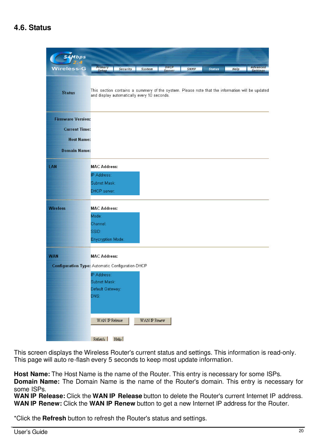 Link electronic Wireless 802.11g AP Router user manual Status 