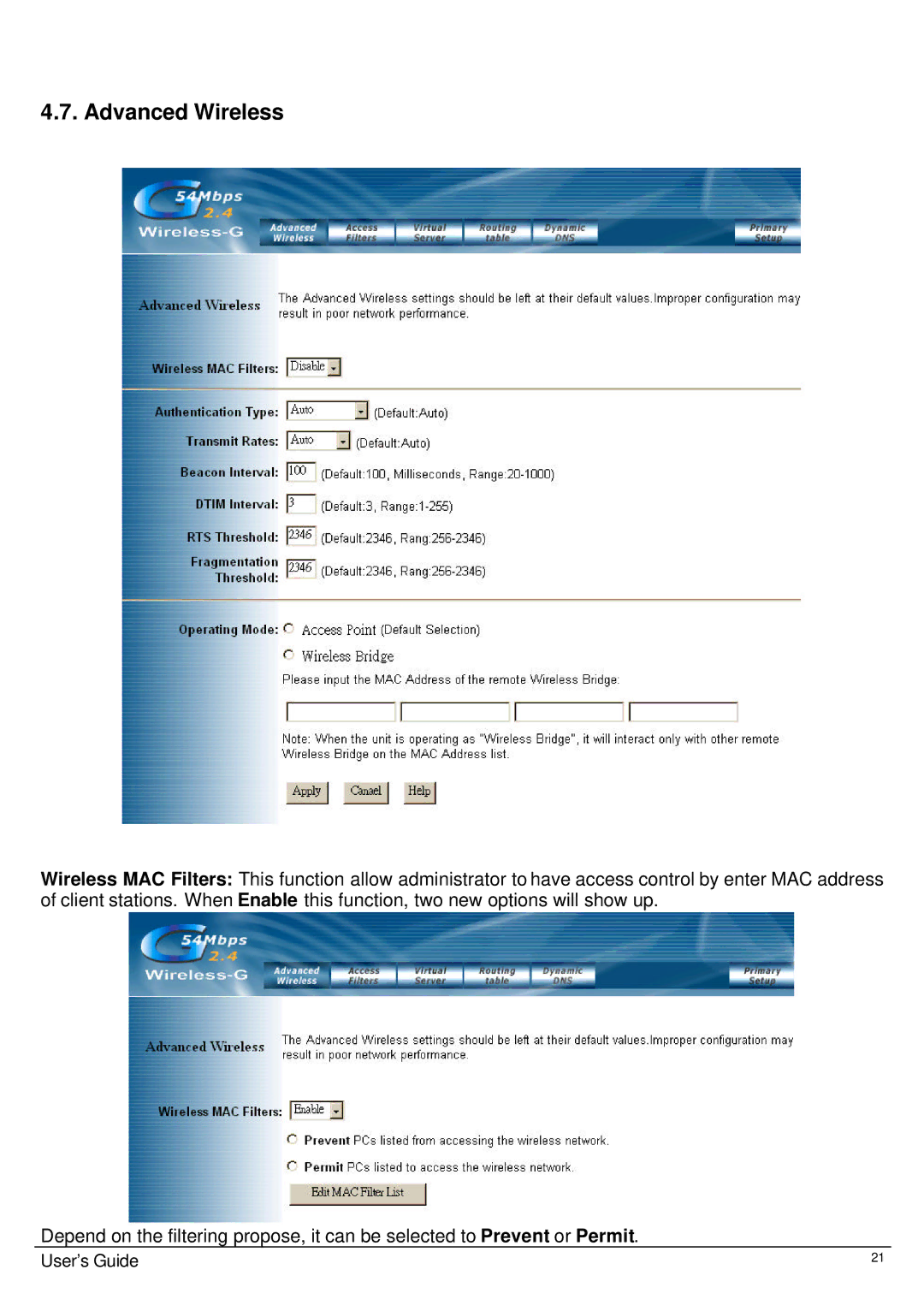 Link electronic Wireless 802.11g AP Router user manual Advanced Wireless 