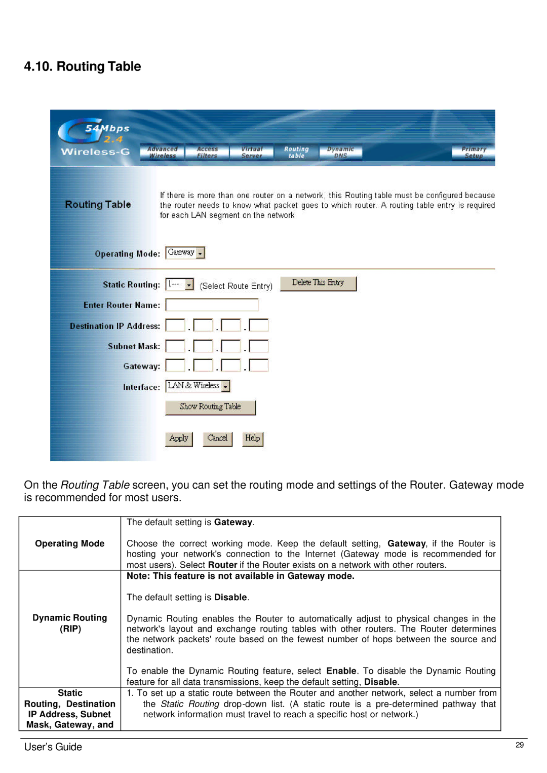 Link electronic Wireless 802.11g AP Router user manual Routing Table, Dynamic Routing, Static, Routing, Destination 