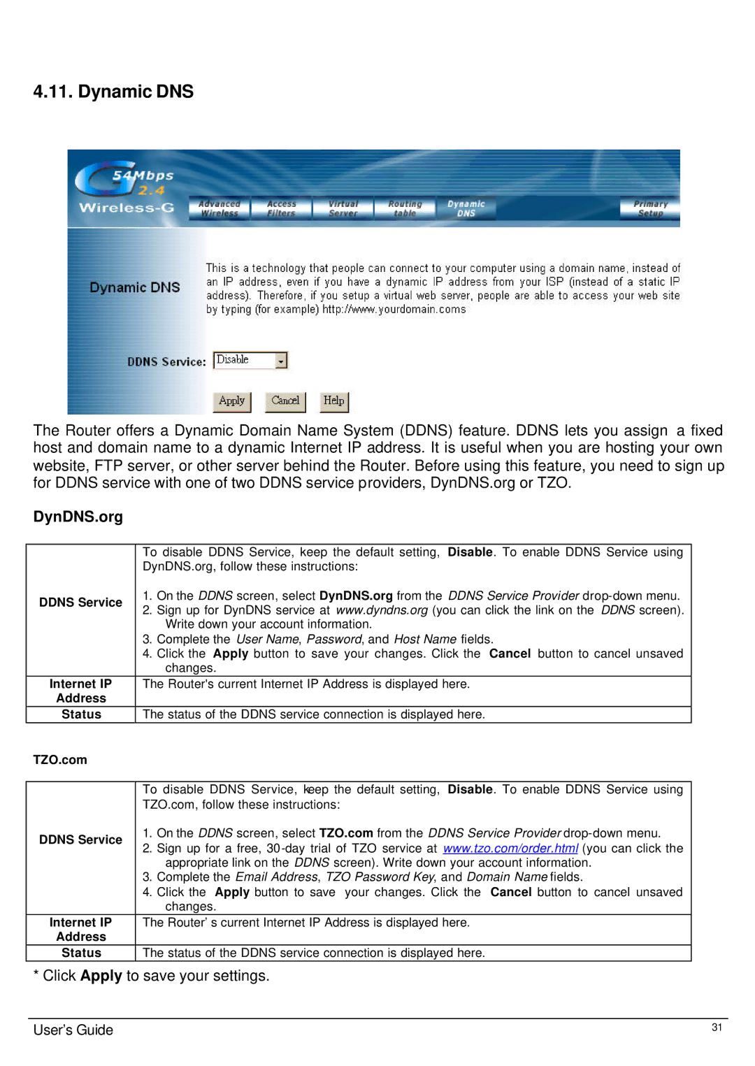 Link electronic Wireless 802.11g AP Router user manual Dynamic DNS, DynDNS.org 