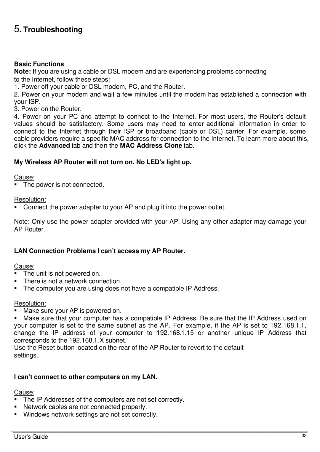 Link electronic Wireless 802.11g AP Router Troubleshooting, Basic Functions, Can’t connect to other computers on my LAN 