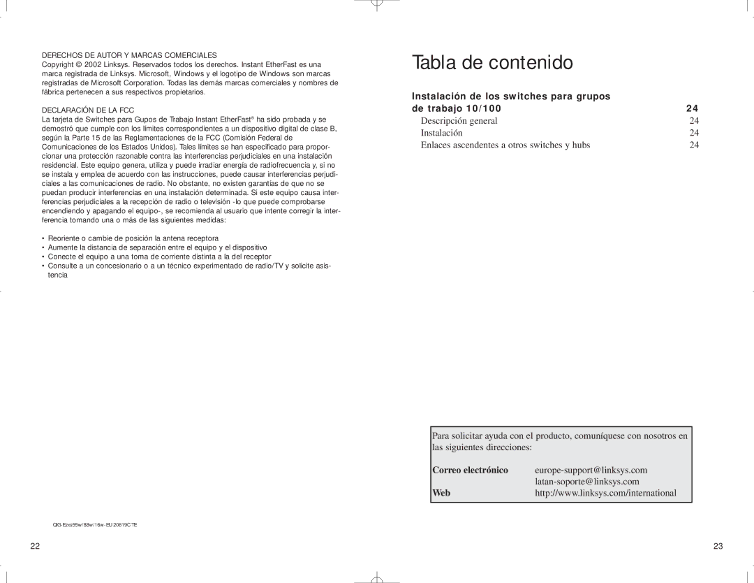 Linksys manual Tabla de contenido, Instalación de los switches para grupos De trabajo 10/100, Declaración DE LA FCC 