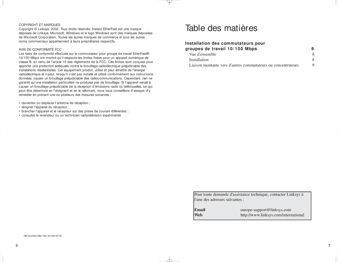 Linksys 100 manual Table des matières, Copyright ET Marques, Avis DE Conformité FCC 