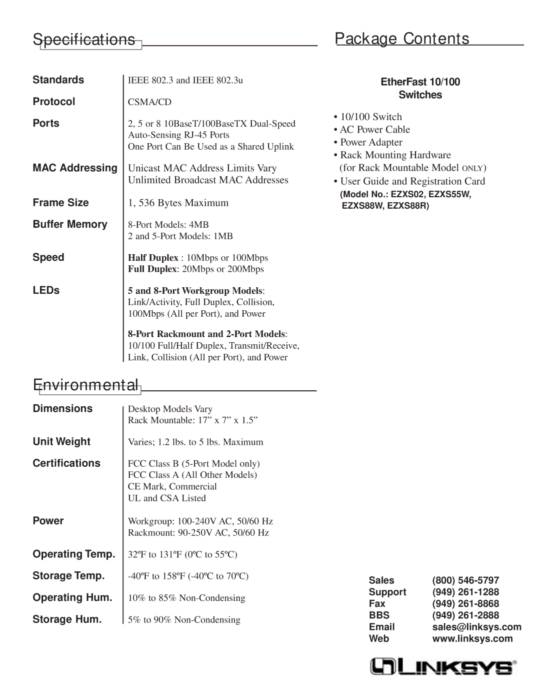 Linksys 10/100 warranty Specifications Package Contents, Environmental 