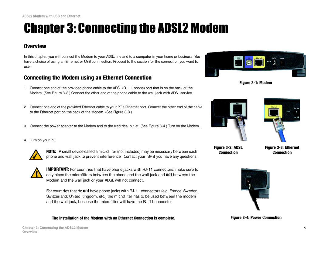 Linksys ADSL2MUE manual Connecting the ADSL2 Modem, Overview, Connecting the Modem using an Ethernet Connection 