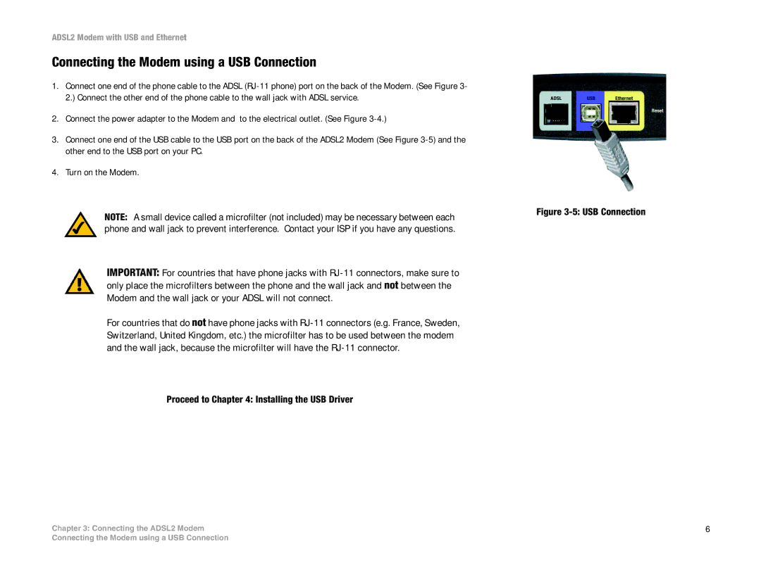 Linksys ADSL2MUE manual Connecting the Modem using a USB Connection 