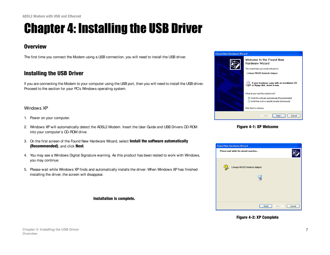 Linksys ADSL2MUE manual Installing the USB Driver, Windows XP 