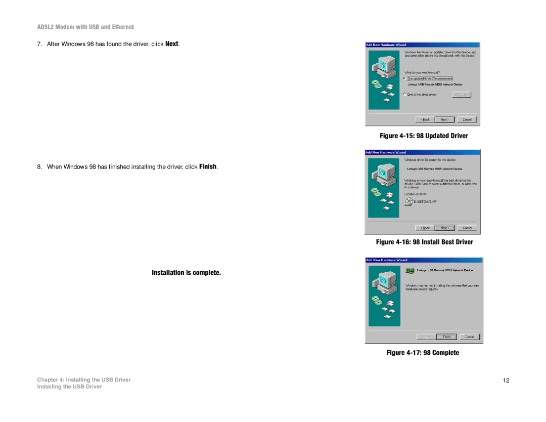 Linksys ADSL2MUE manual 16 98 Install Best Driver Installation is complete 