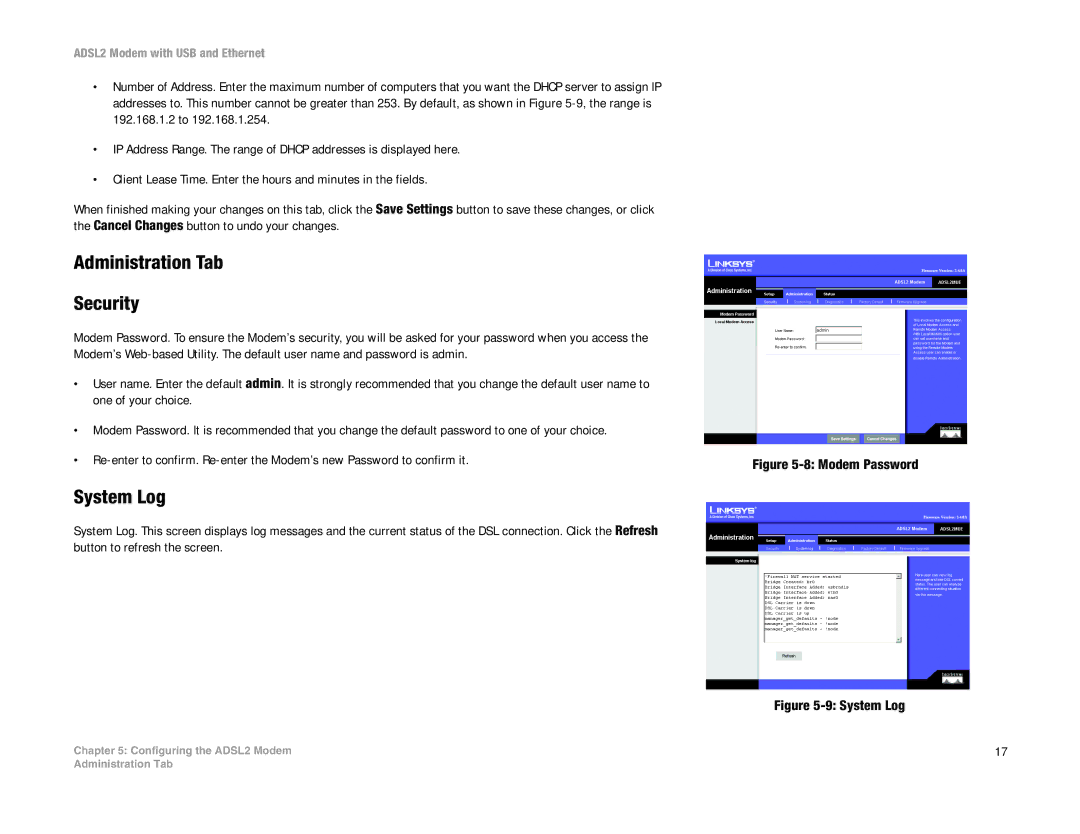 Linksys ADSL2MUE manual Administration Tab Security, Modem Password 